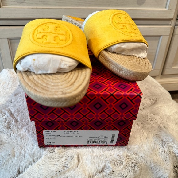 Tory Burch Benton Open Toe Espadrille Slide-Kid Suede- Color Goldfinch - Picture 3 of 4